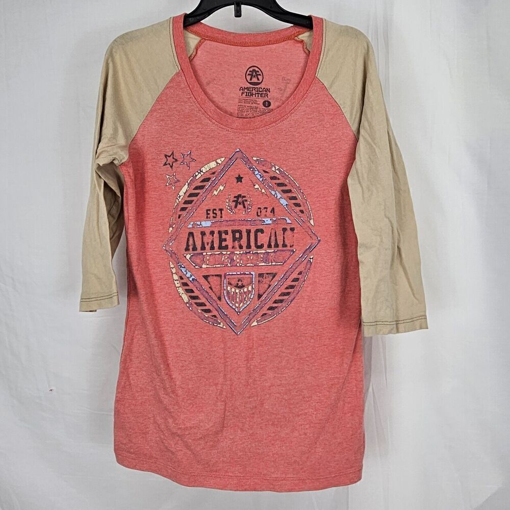 American Fighter MMA Women's Size Small Pink Tan Raglan Shirt Buckle Graphic Tee